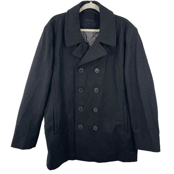 Calvin Klein Men’s Double Breasted Wool Peacoat Size LARGE Charcoal Grey - Picture 1 of 12